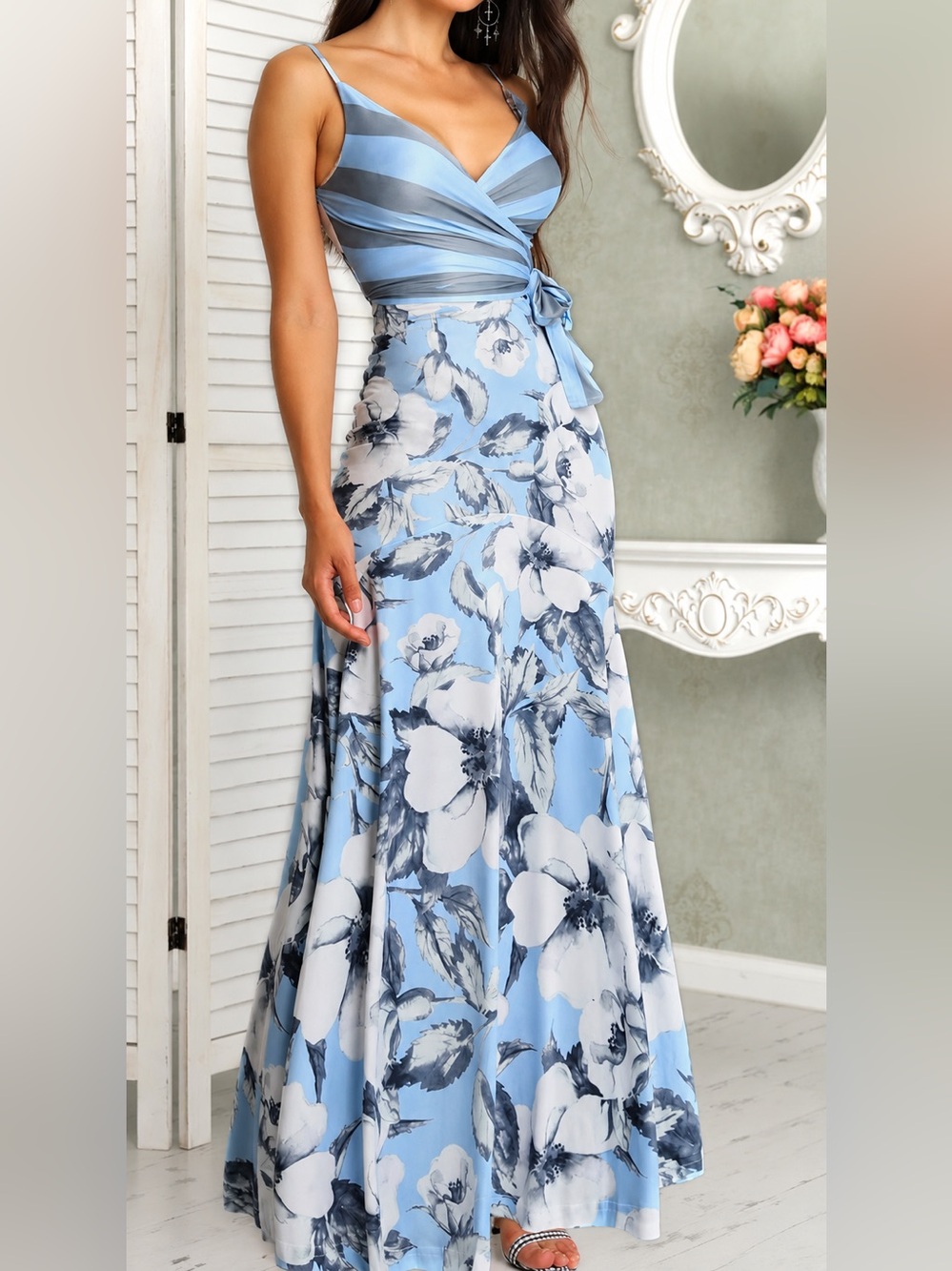 CBR Light Blue and White Floral A-Line Dress Spaghetti Straps Wrap Around Sash L
